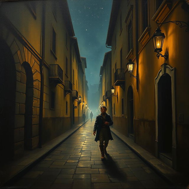 A portrait of a dimly lit street at night, featuring a solitary man walking with a fearful expression