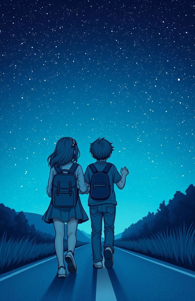 A girl and a boy walking together on a road during a starry night