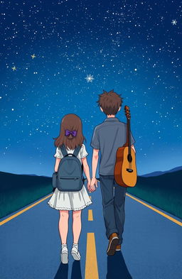 A girl and a boy walking together on a road during a starry night