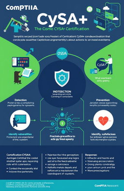A detailed infographic showcasing the CompTIA CySA+ certification, focusing on its significance in cybersecurity