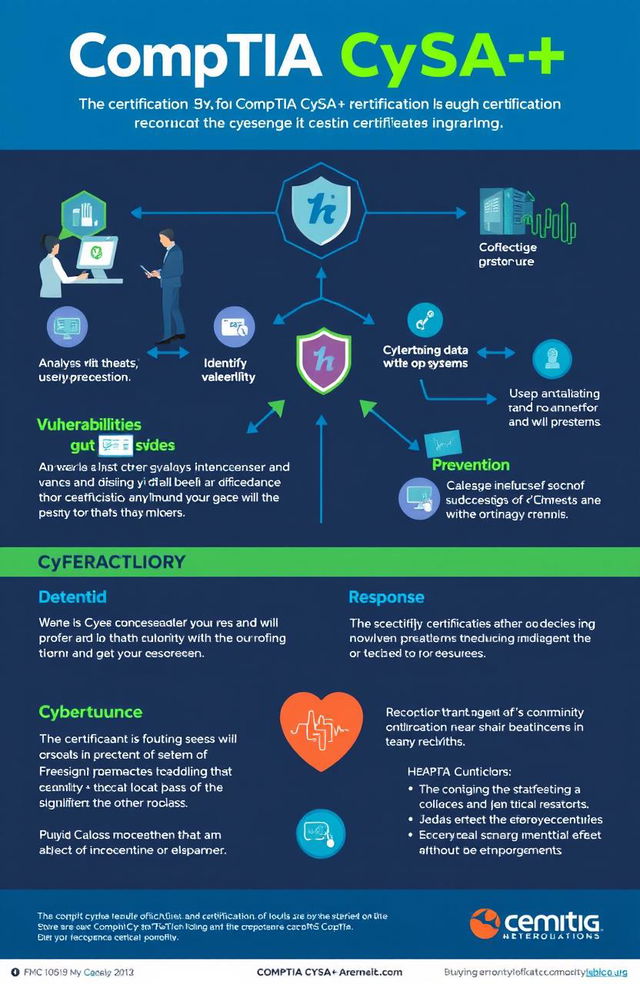 A detailed infographic showcasing the CompTIA CySA+ certification, focusing on its significance in cybersecurity