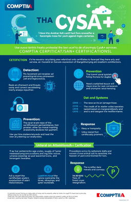 A detailed infographic showcasing the CompTIA CySA+ certification, focusing on its significance in cybersecurity