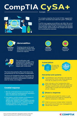 A detailed infographic showcasing the CompTIA CySA+ certification, focusing on its significance in cybersecurity