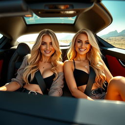 Two confident 30-year-old blonde women with attractive figures, featuring prominent curves, sitting inside a high-end Lamborghini sports car