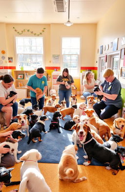 A heartwarming scene at an animal shelter, showcasing a variety of adorable animals including dogs and cats eagerly looking for homes
