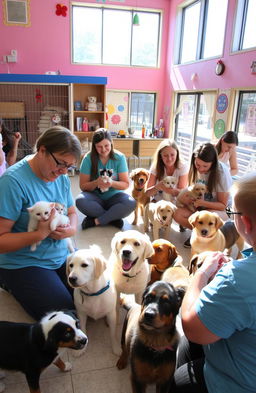 A heartwarming scene at an animal shelter, showcasing a variety of adorable animals including dogs and cats eagerly looking for homes