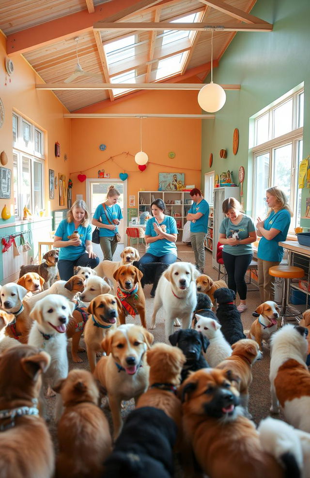 A heartwarming scene at an animal shelter, showcasing a variety of adorable animals including dogs and cats eagerly looking for homes