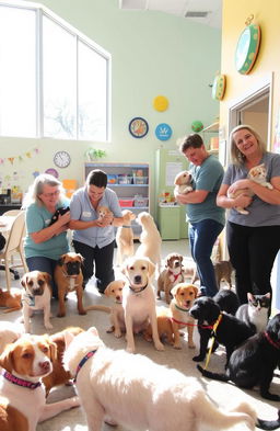 A heartwarming scene at an animal shelter, showcasing a variety of adorable animals including dogs and cats eagerly looking for homes