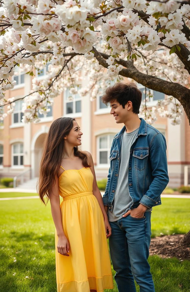 A nostalgic scene capturing the essence of high school sweethearts, featuring a young couple sharing a sweet moment under a beautiful cherry blossom tree in a sunny schoolyard