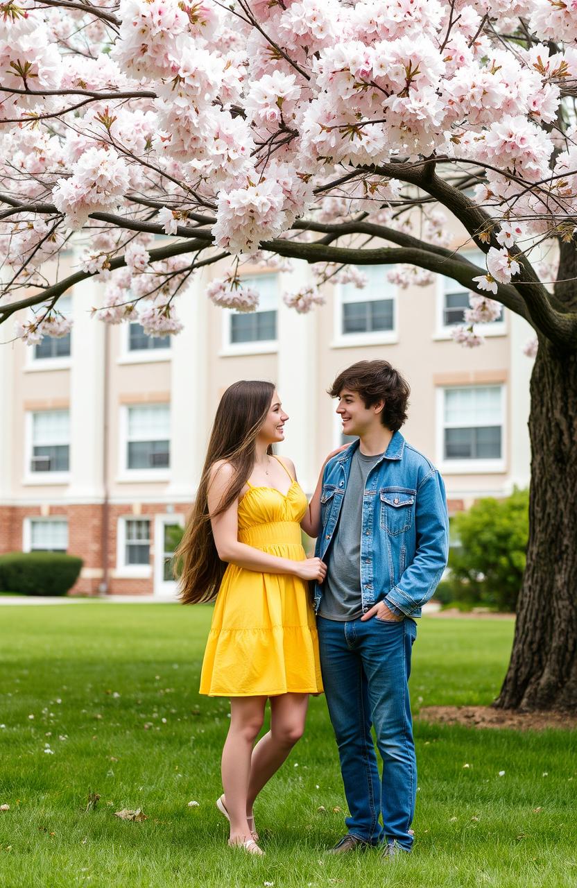 A nostalgic scene capturing the essence of high school sweethearts, featuring a young couple sharing a sweet moment under a beautiful cherry blossom tree in a sunny schoolyard