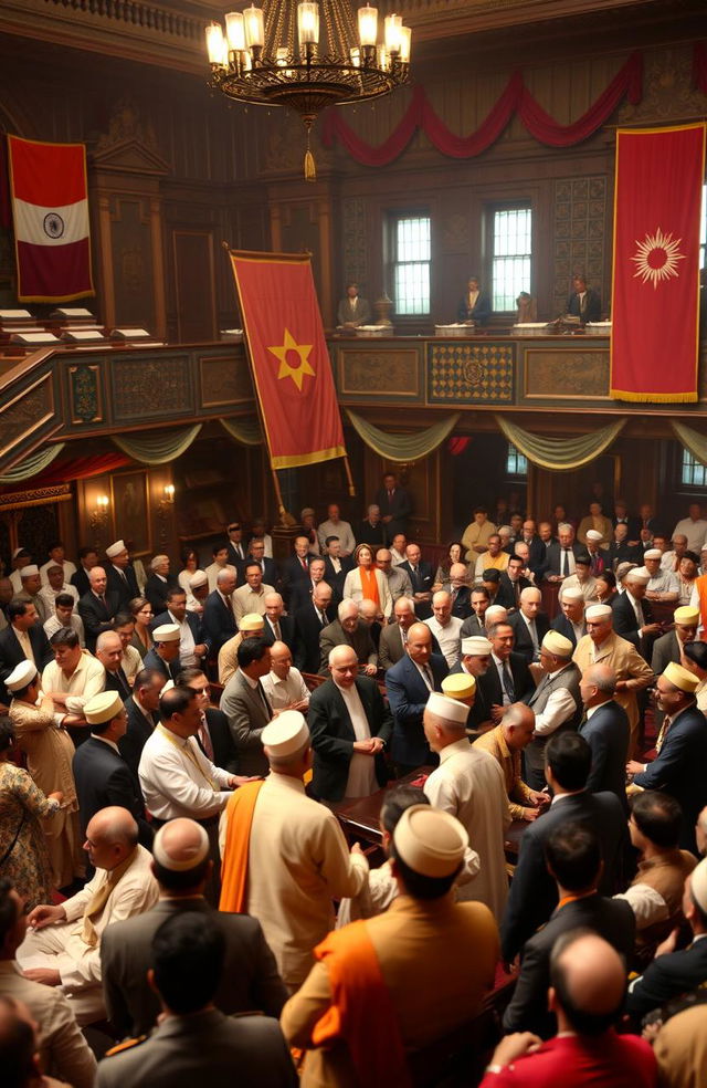 A historic meeting of the All India Muslim League in a grand hall, featuring prominent leaders in traditional attire discussing important matters