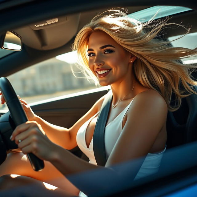 A captivating 26-year-old blonde woman with an alluring figure and prominent curves, confidently driving a luxurious Lamborghini