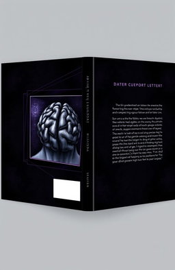 A dark-themed book cover design featuring an intricate illustration of a brain integrated within geometric shapes and boxes