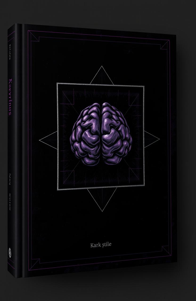 A dark-themed book cover design featuring an intricate illustration of a brain integrated within geometric shapes and boxes