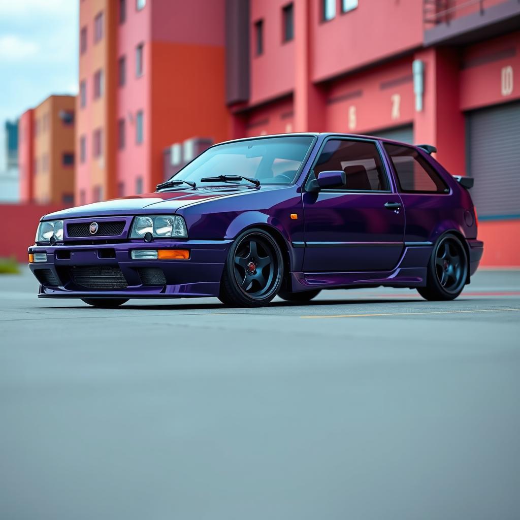 A vibrant, sporty Fiat 147 Spazio TR from 1996, painted in a dark electric purple