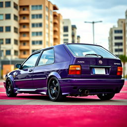 A vibrant, sporty Fiat 147 Spazio TR from 1996, painted in a dark electric purple