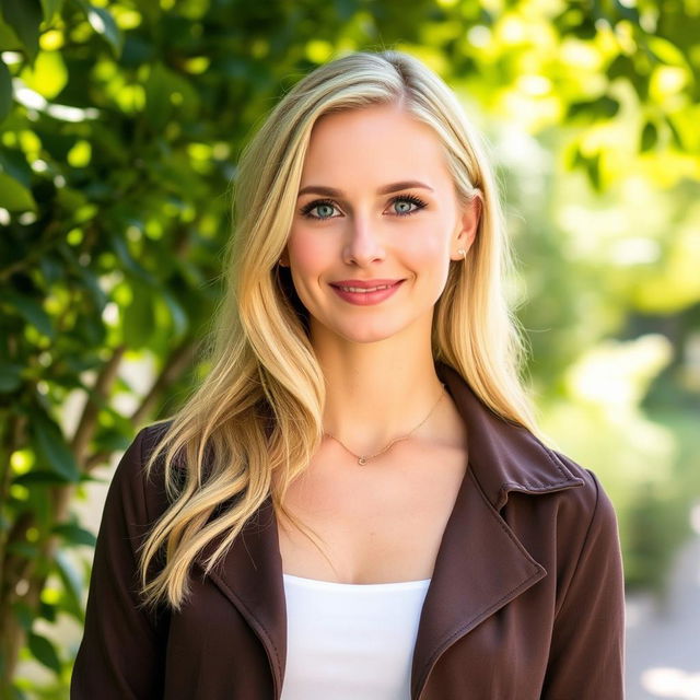 A 30-year-old woman with blonde hair and blue eyes, wearing stylish closed clothing