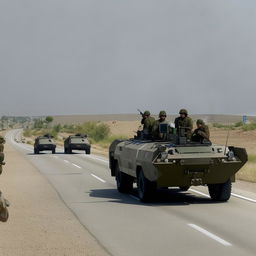 2 armored vehicles on a one-lane freeway followed by 10 combatants in military fatigue, armed with assault rifles, missile launcher and radio