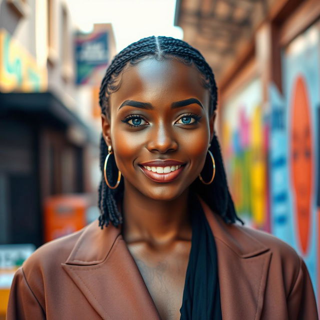 A 30-year-old African American woman with striking blue eyes, wearing elegant closed clothing