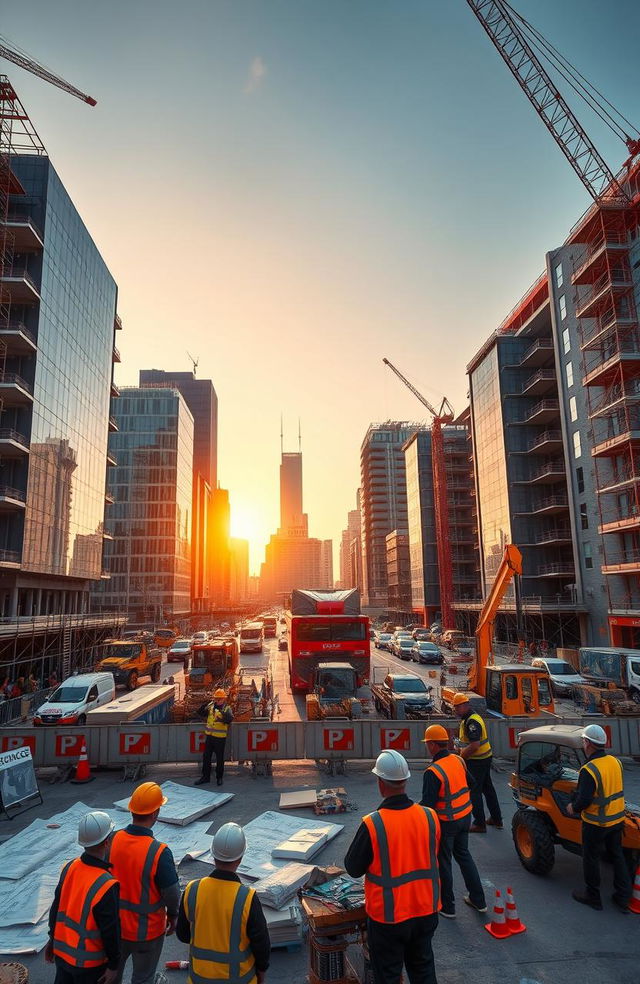 A construction scene depicting a busy urban environment, showcasing workers in hard hats and safety vests, operating heavy machinery like cranes and excavators