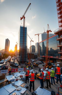 A construction scene depicting a busy urban environment, showcasing workers in hard hats and safety vests, operating heavy machinery like cranes and excavators