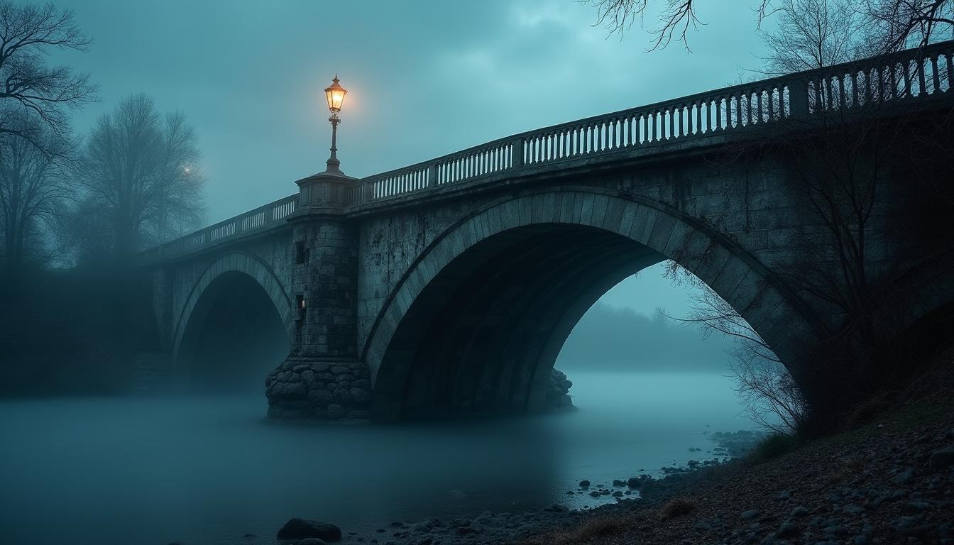 A haunted bridge set against a moody twilight sky, with thick mist swirling around its arches