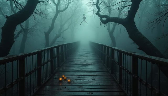 A haunted bridge set against a backdrop of a thick foggy forest and a dark, ominous sky