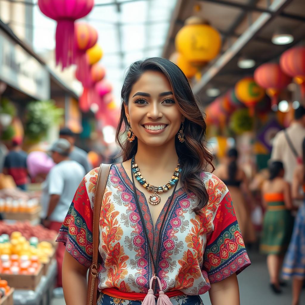 A 30-year-old Latin woman dressed in fashionable attire that reflects her cultural heritage