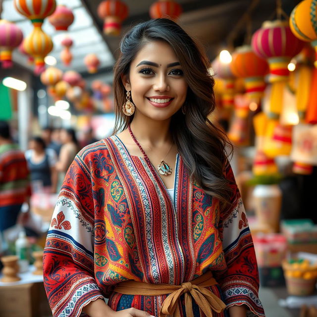 A 30-year-old Latin woman dressed in fashionable attire that reflects her cultural heritage