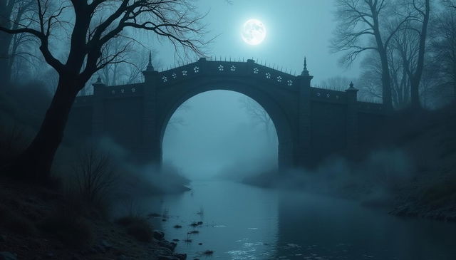 A hauntingly beautiful scene of a deserted, fog-covered bridge at night, with ancient stone arches and intricate carvings