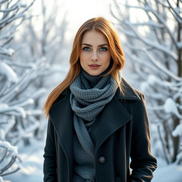 A 30-year-old Russian woman with striking blue eyes, dressed in chic and modern clothing