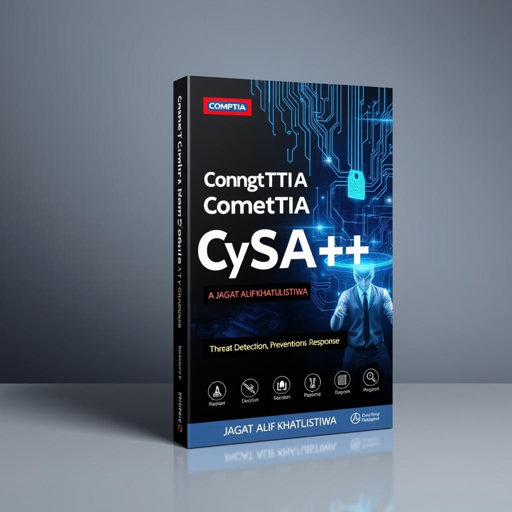 A striking book cover design for a cybersecurity certification guide titled 'CompTIA CySA+', authored by JAGAT ALIF KHATULISTIWA