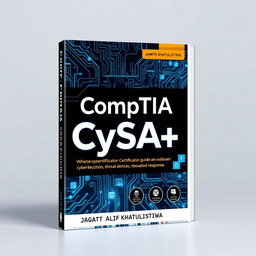 A striking book cover design for a cybersecurity certification guide titled 'CompTIA CySA+', authored by JAGAT ALIF KHATULISTIWA