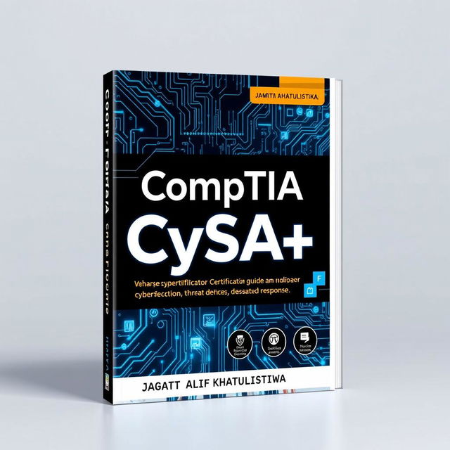 A striking book cover design for a cybersecurity certification guide titled 'CompTIA CySA+', authored by JAGAT ALIF KHATULISTIWA