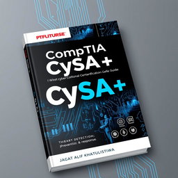 A striking book cover design for a cybersecurity certification guide titled 'CompTIA CySA+', authored by JAGAT ALIF KHATULISTIWA