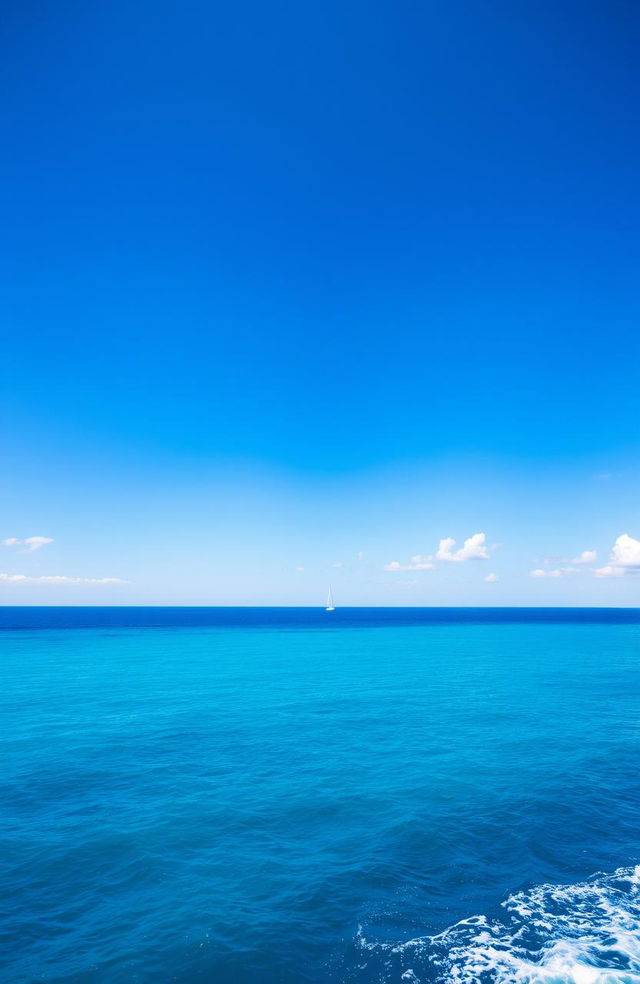 A serene view of a vast blue ocean under a clear sky, capturing the tranquil beauty of the water with gentle waves and bright sunlight reflecting off the surface