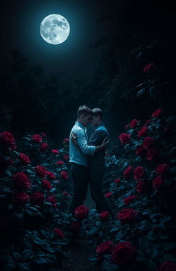 A dark and enchanting garden filled with lush, vibrant roses, their dark petals glistening in the moonlight under a full moon