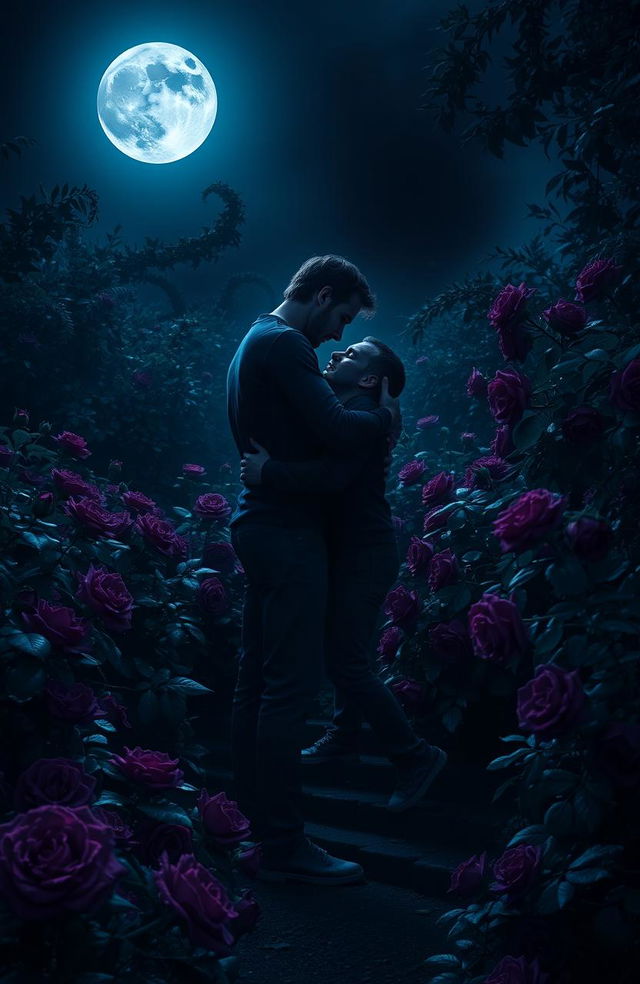 A dark and enchanting garden filled with lush, vibrant roses, their dark petals glistening in the moonlight under a full moon