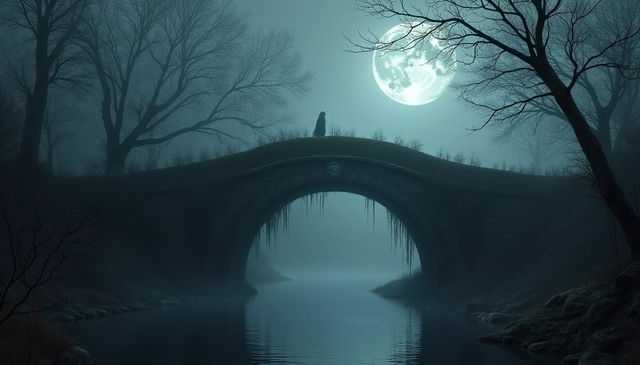 A haunted bridge stretching over a foggy ravine, shrouded in an eerie atmosphere