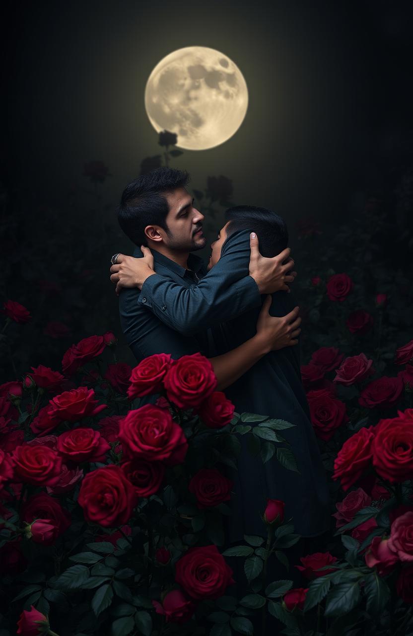 In a dark garden filled with lush, deep red roses under the glow of a full moon, two men are hugging each other intimately