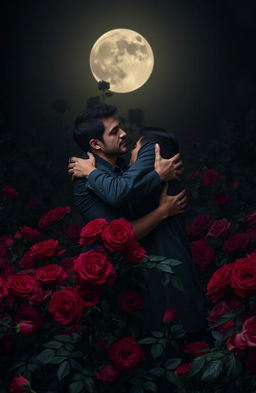 In a dark garden filled with lush, deep red roses under the glow of a full moon, two men are hugging each other intimately