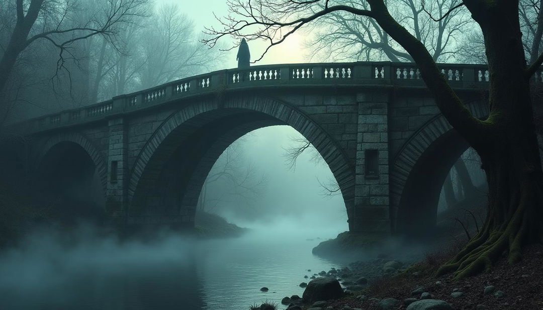 A haunted bridge stretching over a misty river, surrounded by dense, gnarled trees wrapped in creeping vines