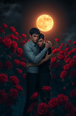 A dark, mystical garden filled with deep red roses under a glowing full moon