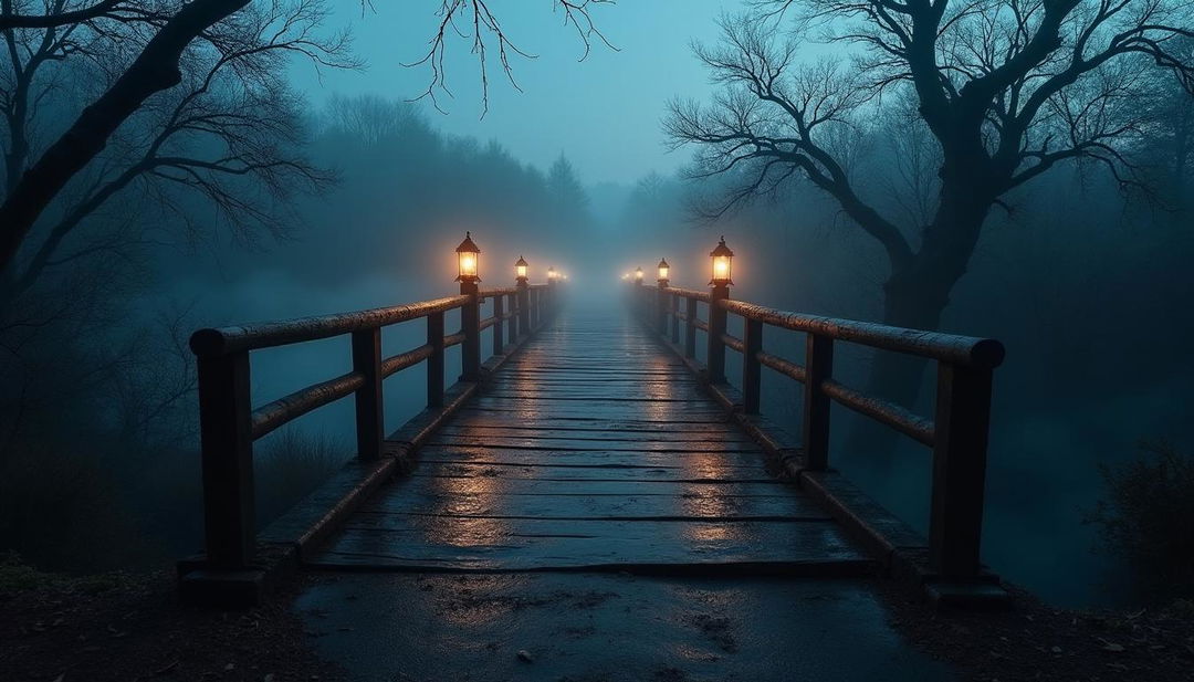 A haunted bridge set against a hauntingly beautiful twilight sky, shrouded in mist