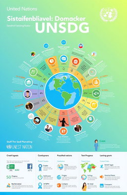 A detailed poster featuring a vibrant and informative infographic on the United Nations Sustainable Development Goals (UNSDG)