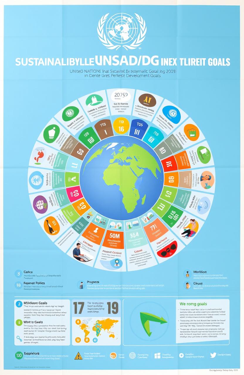 A detailed poster featuring a vibrant and informative infographic on the United Nations Sustainable Development Goals (UNSDG)