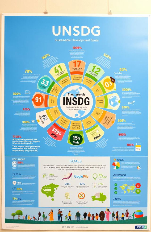 A detailed poster featuring a vibrant and informative infographic on the United Nations Sustainable Development Goals (UNSDG)