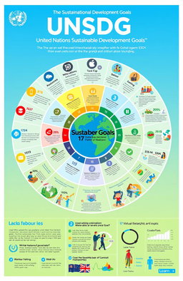 A detailed poster featuring a vibrant and informative infographic on the United Nations Sustainable Development Goals (UNSDG)