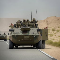 2 armored vehicles on a one-lane freeway followed by 10 combatants in military fatigue, armed with assault rifles, missile launcher and radio