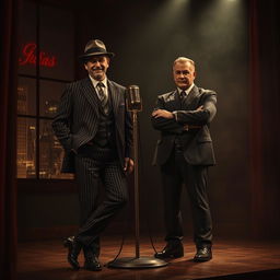 A dramatic theater scene depicting two gangsters on stage, surrounded by a dimly lit, smoky atmosphere